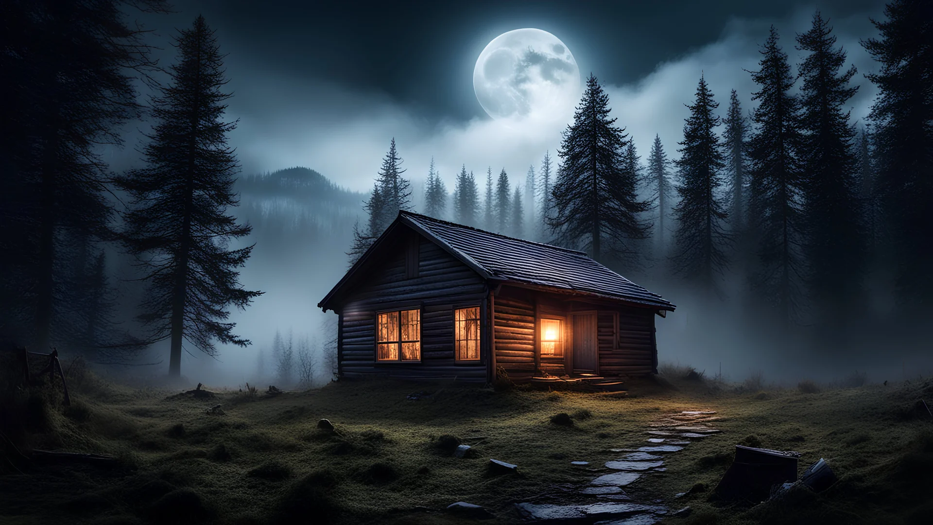 cabin in the mountain forest, moonlight, intense mist, UFOs in the sky, clouds, no people, dead animals, high definition, good understanding of artificial intelligence, very darkness.