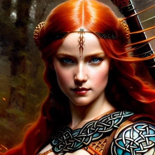 portrait 'beautiful Sexy busty Redhead Sif',Braids, celtic tattoed,painting by gaston bussiere, greg rutkowski, yoji shinkawa, yoshitaka amano, tsutomu nihei, donato giancola, tim hildebrandt, oil on canvas, cinematic composition, extreme detail,fit full head inside picture,32k