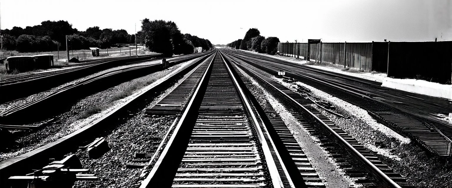 view of Railroad tracks passing from left to right , black and white, oval fade boarder vignette