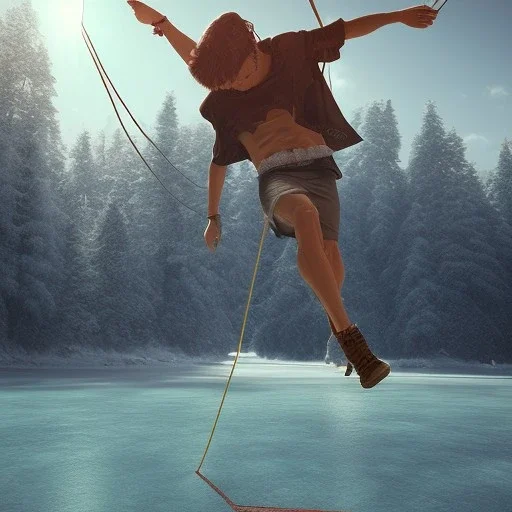 fantasy art of guru on slack line over icy water