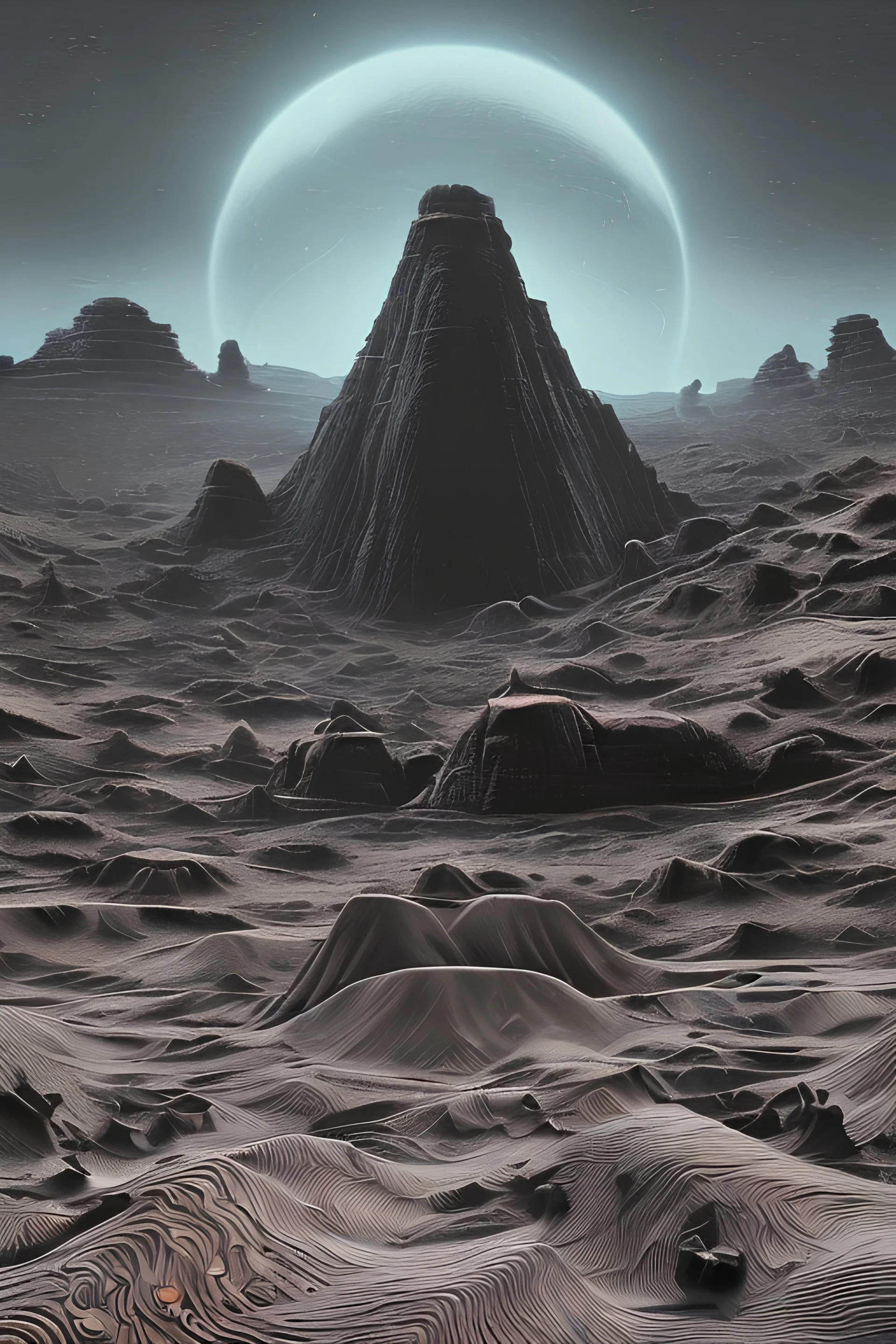 Psychedelic and strange groovy alien landscape , highly detailed and intricate, giant black monolith centers the digital painting as it floats above the sandy dunes of erratic colors and shapes, minimal plant life, grand, 70s concept art, retro futurism, sci-fi vintage art, abstract , surrealism, dark atmosphere, unsettling, airbrush art style, highbrow art