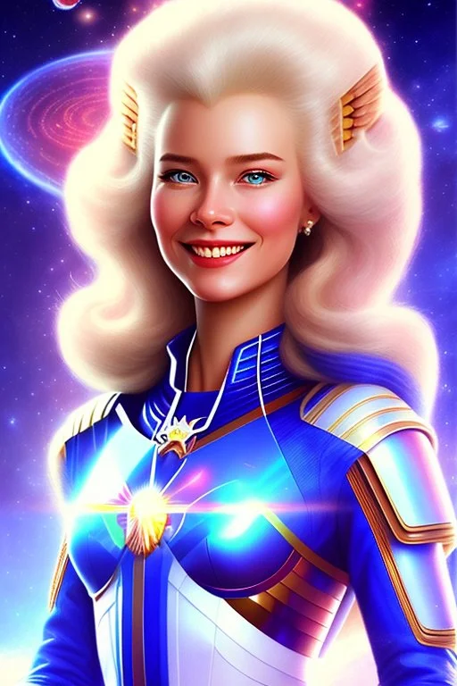 young cosmic woman smile, admiral from the future, one fine whole face, large cosmic forehead, crystalline skin, expressive blue eyes, blue hair, smiling lips, very nice smile, costume pleiadian,rainbow ufo Beautiful tall woman Galactic commander, ship, perfect datailed golden galactic suit, high rank, long hair, hand whit five perfect detailed finger, amazing big blue eyes, smilling mouth, high drfinition lips, cosmic happiness, bright colors, blue, pink, gold, jewels, realistic