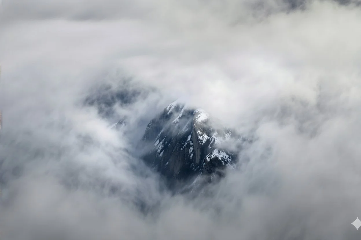 large scale, far away. a massive sheer snowy mountain cliff with very sparse vegetation scaling vertically into the sky, partially obscured by dense clouds(color d0d1d5) and mist. the borders — top, bottom, left, and right — fade smoothly into thick fog, while the center reveals the steep, far away rocky cliff face with fine texture and detail. atmospheric lighting, cinematic composition, natural colors, high contrast between fog and stone. photography