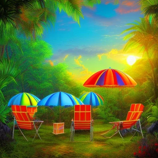 sunset in a tropical jungle with lawn chairs, blue red and yellow