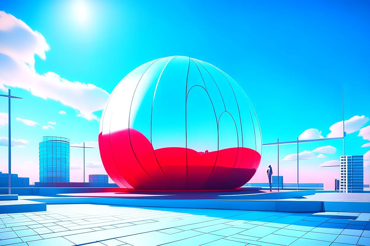 3D representation of architectural wonder, with a concrete design and matte reddish glass that contrasts with the light blue sky, emphasizing organic movement. Its design represents an ant with a bulbous tail and membrane wings with solar panels, its tail is made of concrete and glass. It stands out from pedestrians, creating a sense of scale. In open space, its use is a public place and as a great viewpoint in the mountains Combination of practicality and artistic expression in architecture