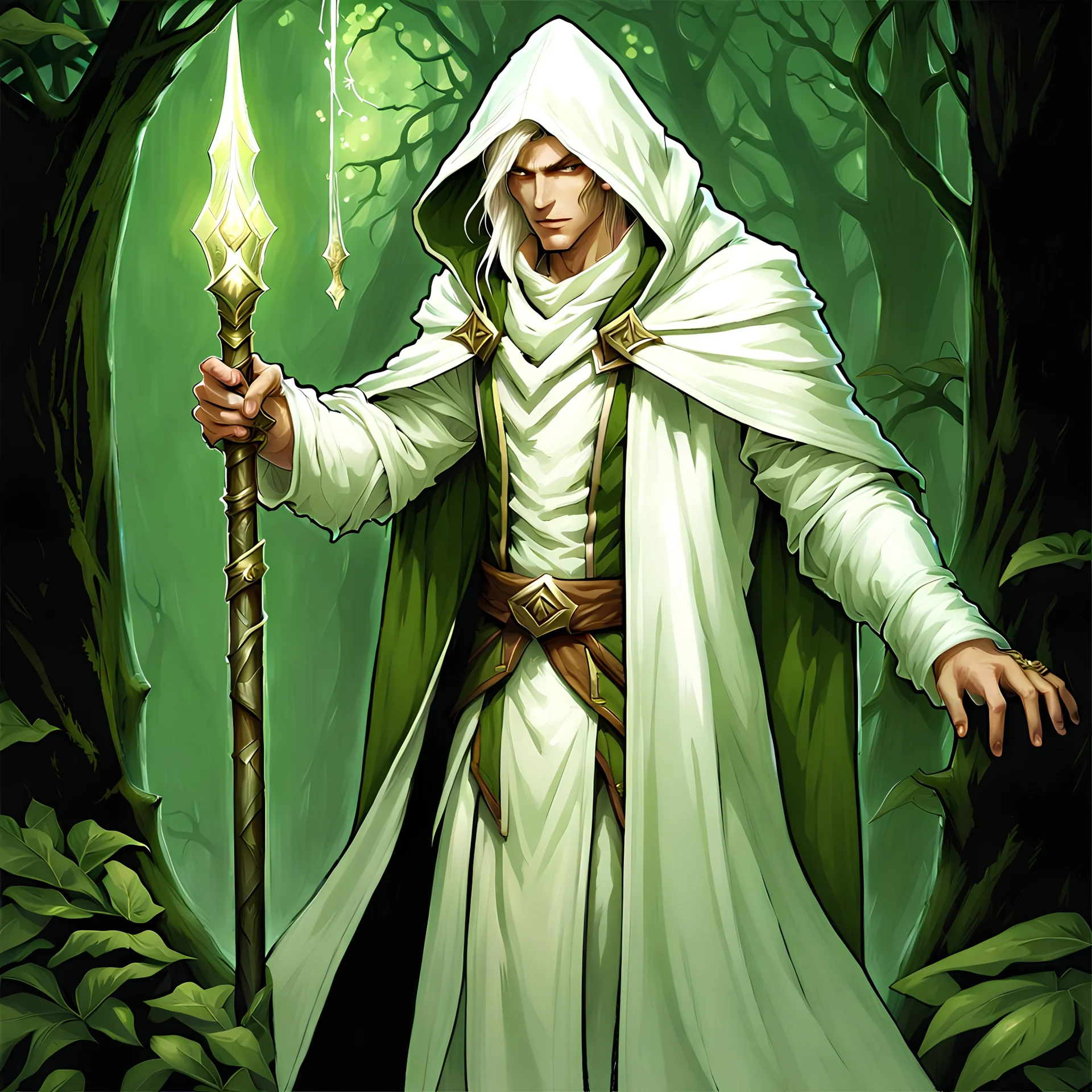 male hooded light sage elf white clothes male 90's tcg art fantasy