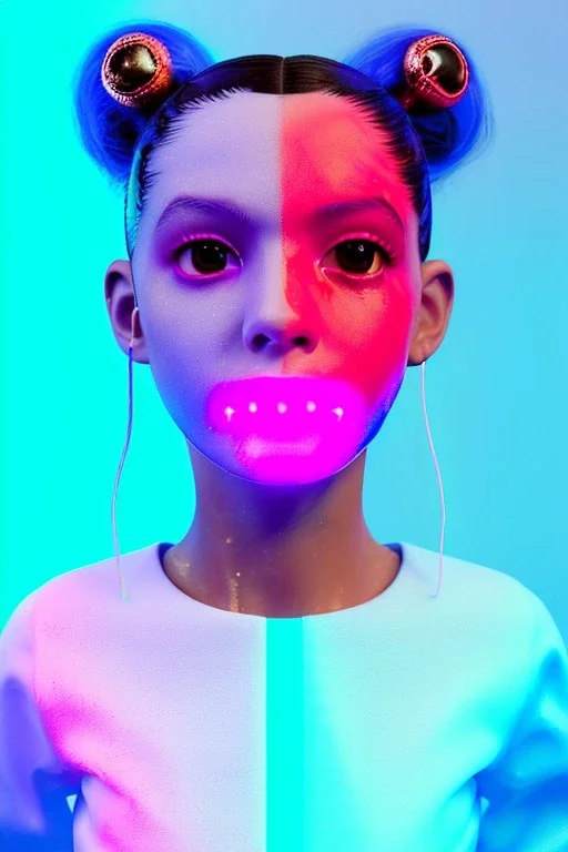 Rosalía, artist, natural, Realistic, waist up portrait, make up. Eyes, make up, glow, iris, eye liner. Hair, pigtails. lips, gold. big rings piercing, led ornament, pearls. Hand, baseball bat, Coat, smile pin, inflatable latex, cold, led lights, minimal, neon, pink, blue, gold, vibrant color, highly detailed, art stations, concept art, smooth, unreal engine 5, god lights, ray tracing, RTX, lumen lighting, ultra detail, volumetric lighting, 3d, finely drawn, high definition, 4k.