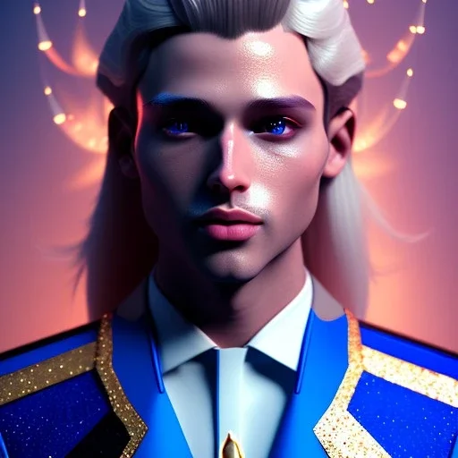 Handsome prince galactic, glitter blue prince suit with jewels and stripes, long blond hair, blue eyes, cinematic lights unreal engine 5, 4k, focus details, beam