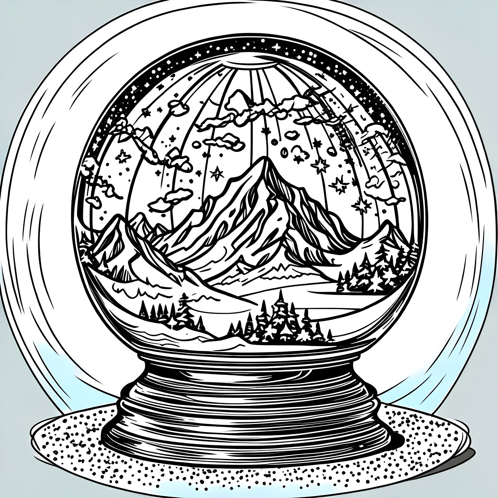 create a realistic snow globe,snow globe on a detailed stand, bold lines, black and white, high contrast, black outline, realistic in the style of line art, in the style of coloring book, clear white sky, white background