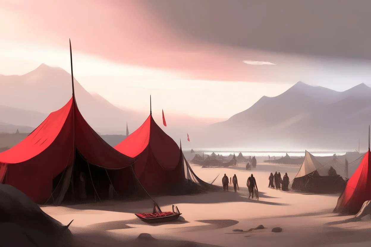 painting, landscape, artistic, illustration, artstation, black desert, black sand, bleak, pale red sky, large bustling camp, tigtly packed leather tents, vereshagin style