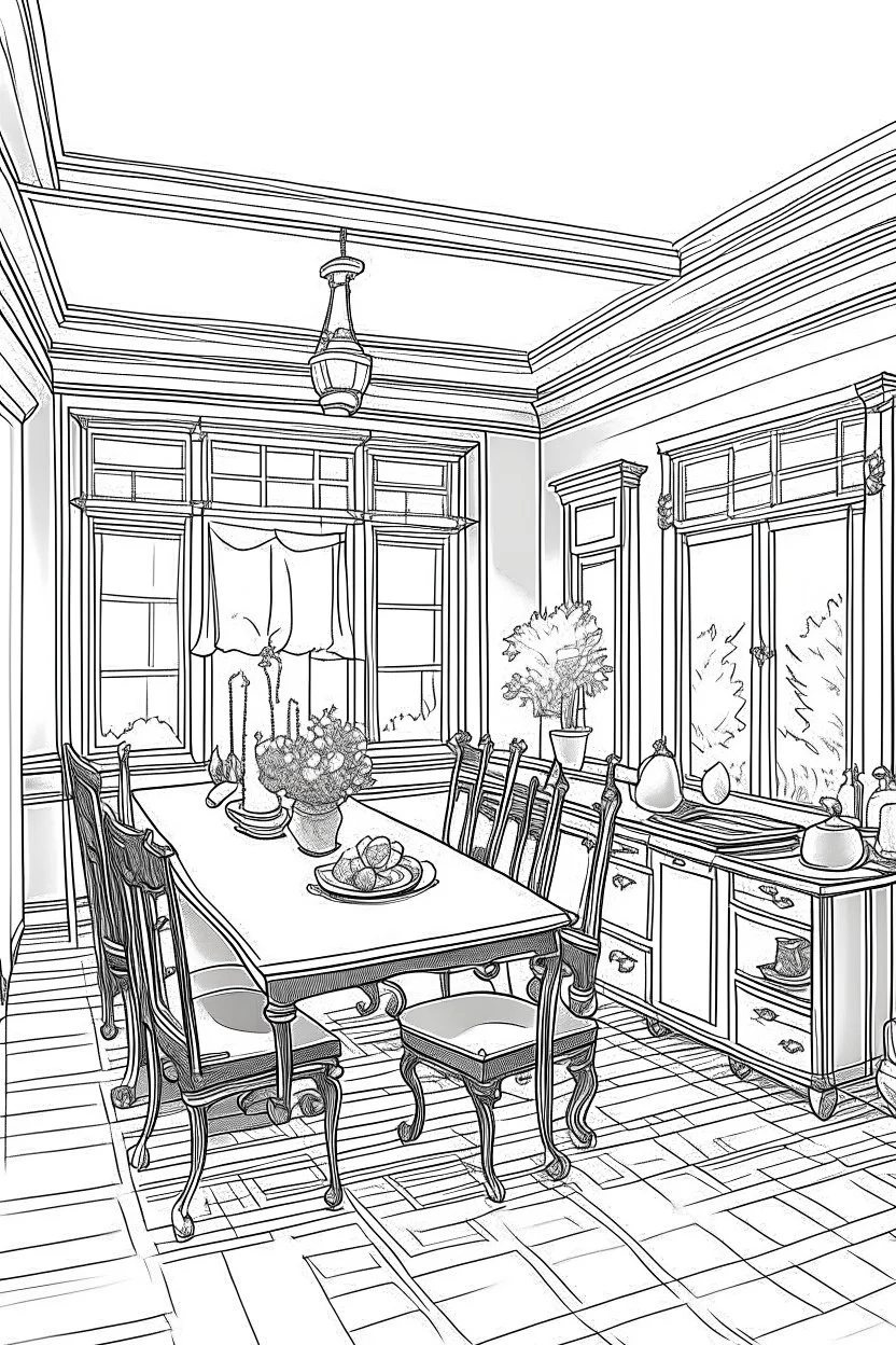 Outline art, house interior design, dining room, no shading, no lines, cartoon style, --ar 9:11