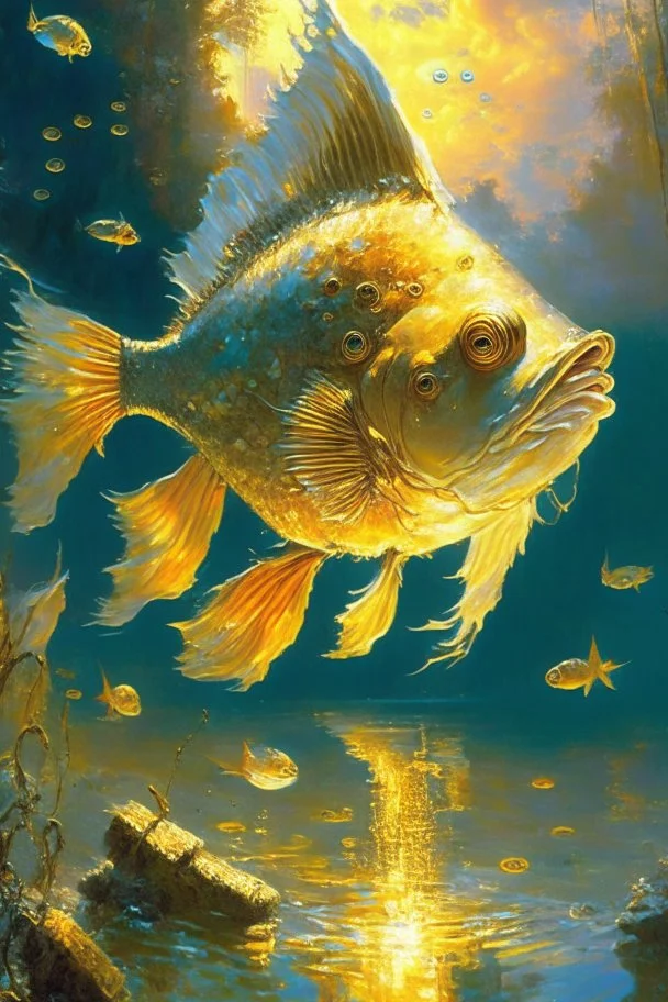 cartoon Lagging fish with pixels, , digital art, beautiful, golden hour, sharp focus, ultra detailed, astral, magic, surreal, by Andon Harav, Ivan Shishkin, John Berkey, masterpiece, award winning painting, renowned artists,