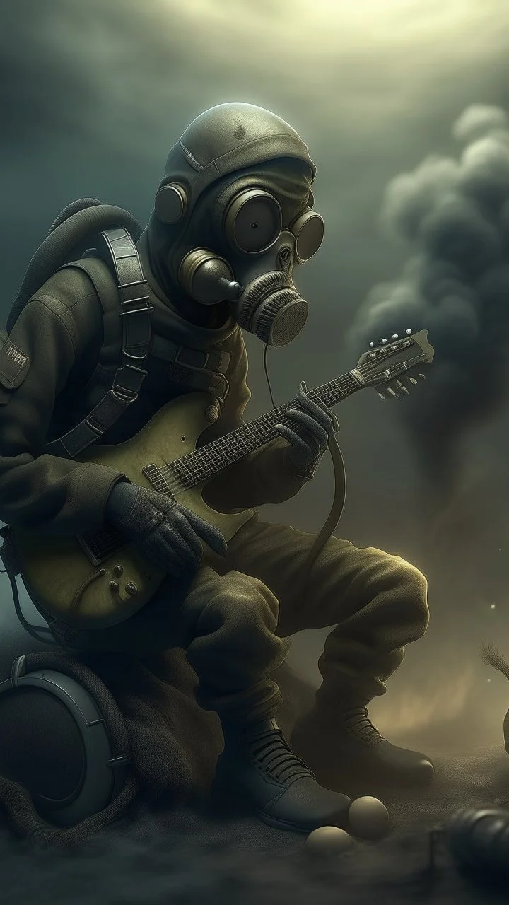 A guitarist wearing gas masks, they are tied to their musical instruments ,surrealism of the dark of a nightmare ten miles high and six foot deep, hyper photorealistic, hyper detailed dark art color, high resolution, fog, octane render, tilt shift, HDRI Environment, all pictures dark gray