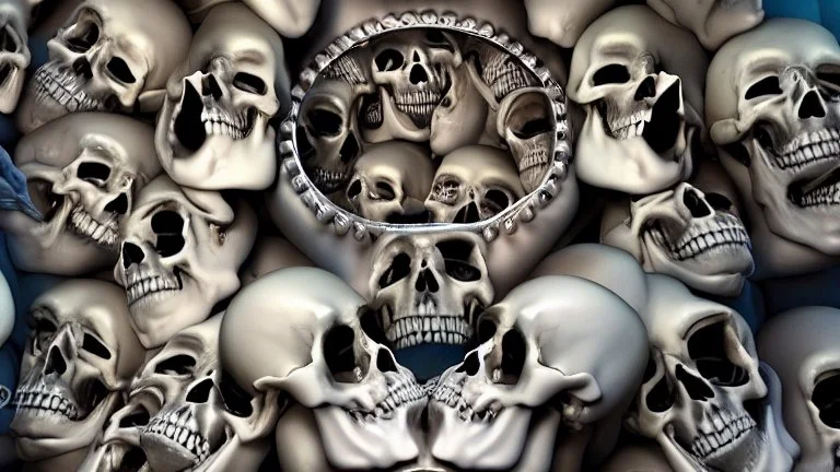 hundreds of anatomically correct, human skulls stacked into a wall unusual neon lighting, high octane, 64k, dystopian, vray, a picture of a dark, comedic, anatomically correct wall of colorful tightly packed skulls of varying sizes and expressions, photo-realistic, insanely meticulous, highly detailed,, 64k, dystopian, vray