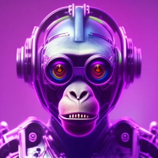 A beautiful portrait of a cyborg monkey purple neon color scheme, high key lighting, volumetric light high details psychedelic background