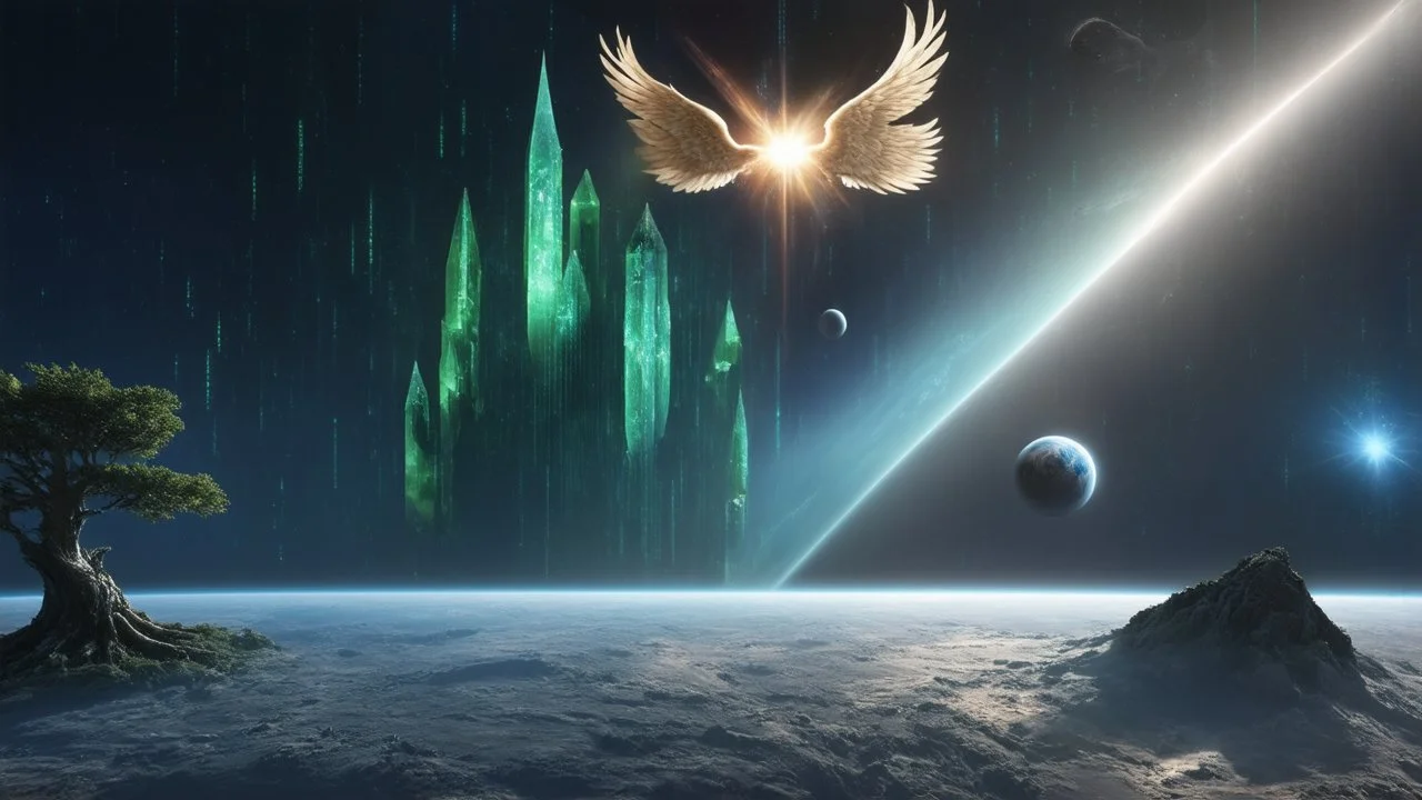 matrix universe, space, planets, god creation, angels from other dimensions with beautiful wings, trees on the planet, behind green crystals of light, few tiberium monolith deposits on the planet near tree,