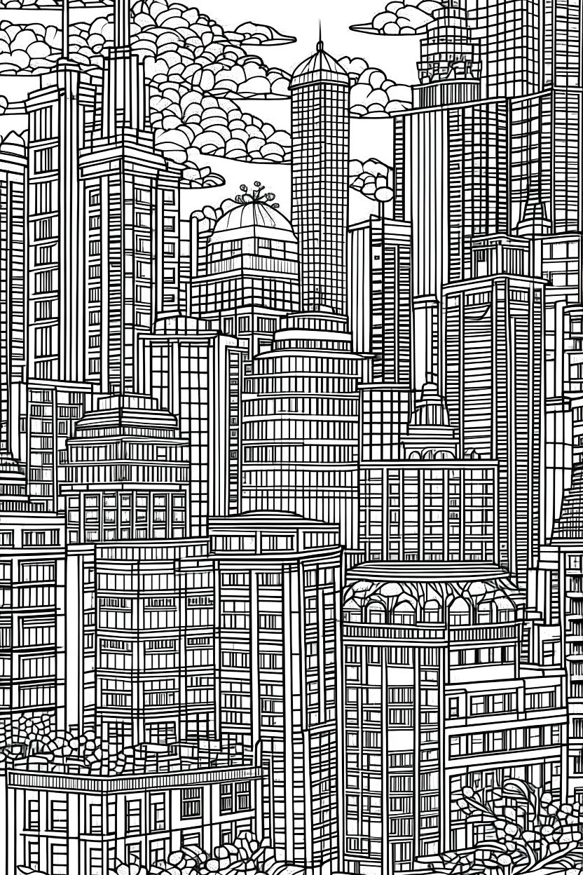 outline art for cities coloring pages for adults with big city, white background, Sketch styl, only use outline. Mandala style, clean line art, no shadows and clear and well outlined, Intricate Patterns and Details