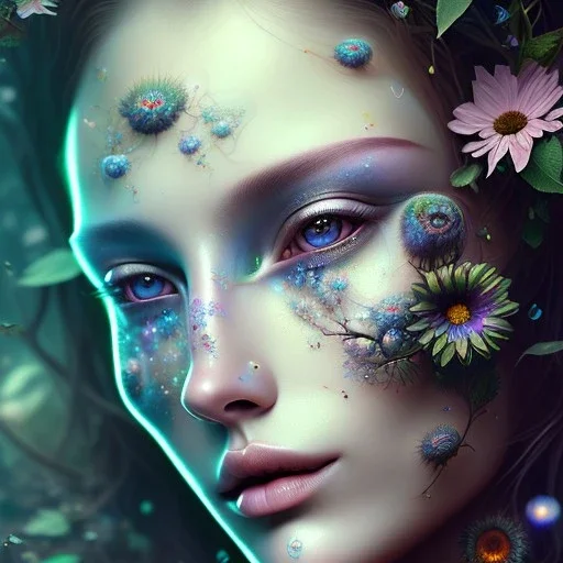 perfect long-haired woman, perfect eyes, full face tattoo of flower art and trees extending past face and morphing into galaxy, 8k resolution, high-quality, fine-detail, intricate, digital art, volumetric lighting