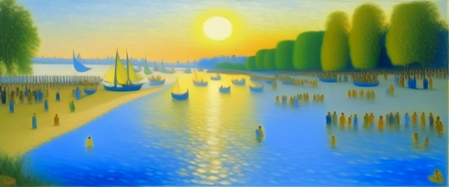 A light blue beautiful Danube beach painted by Georges Seurat