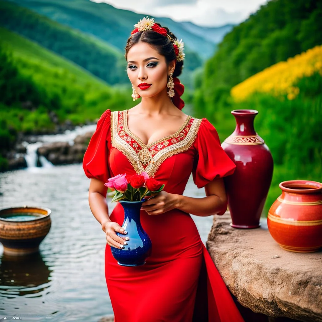 a woman in a red dress holding a vase, creative colorfull - makeup, with professional makeup, hand built ceramics, very very very beautiful face , nice country side with hills ,waterfall over a river with clear water,girls with perfect pretty face in folk costums and a jar, filling their jugs with water and some of them leaving while carring there jugs in there shouldes and 1beautiful girl with jug in shoulder in closeup , very nice mountains at distant, nice clouds in sky ,wide green field wi