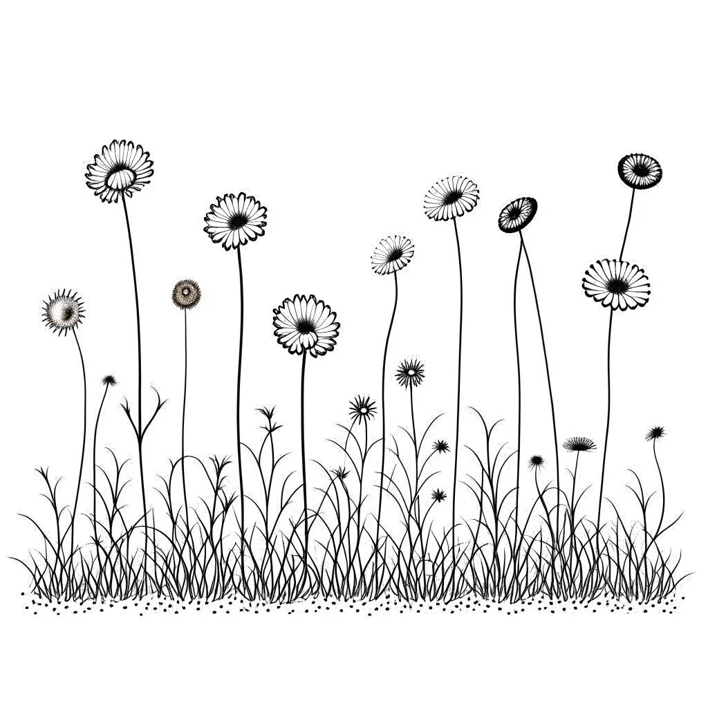 set of growing wind flower on the grace on ground, ONE lineS art, white background, minimalis, different view, only white bakcground solid.