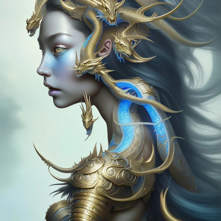 sango fantasy, fantasy magic, intricate, sharp focus, illustration, highly detailed, digital painting, concept art, matte, artgerm and paul lewin and kehinde wiley, masterpiece silver dragon head golden Asian Afo woman blue waves