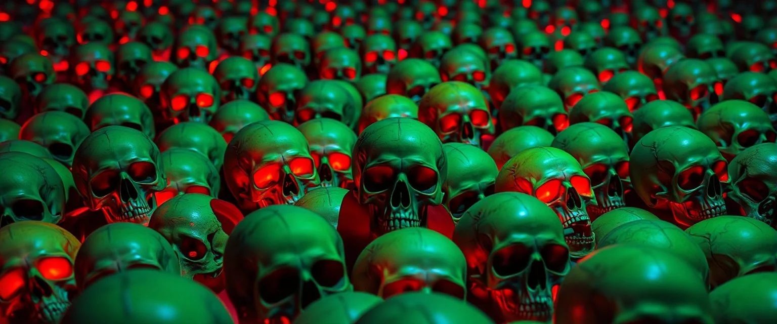 a field of 1000s of psychedelic psilocybin induced anatomically correct, skulls, vivid RANDOM BRIGHT neon colors, dark comedy, well lit, high detail, photorealistic, horrorcore, fun, scary, none featured, each a different color or hue,
