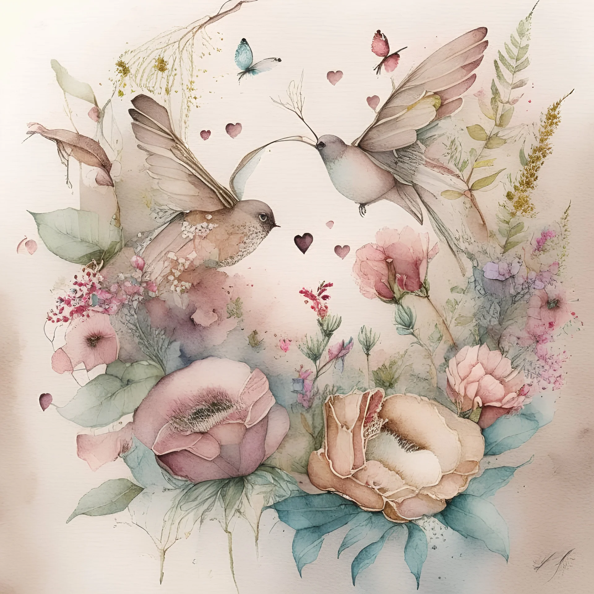 "floral hummingbirds,butterflies, and dragonflies heart" hand-drawn watercolor, muted tones, flowers everywhere, REALISTIC