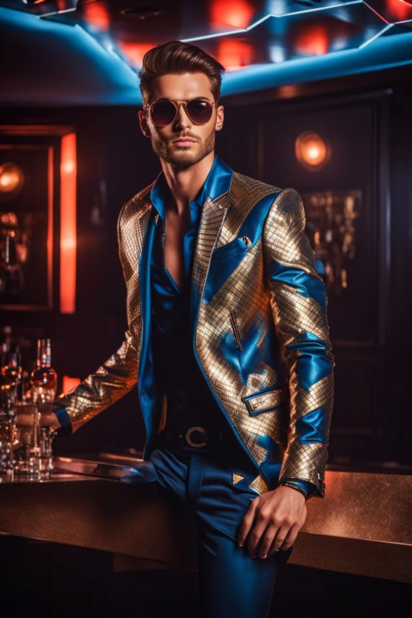 Full body Real photography handsome man super model European on fashion style dressing luxury jacket diamonds patterns,sunglasses,turn on music DJ player in disco club