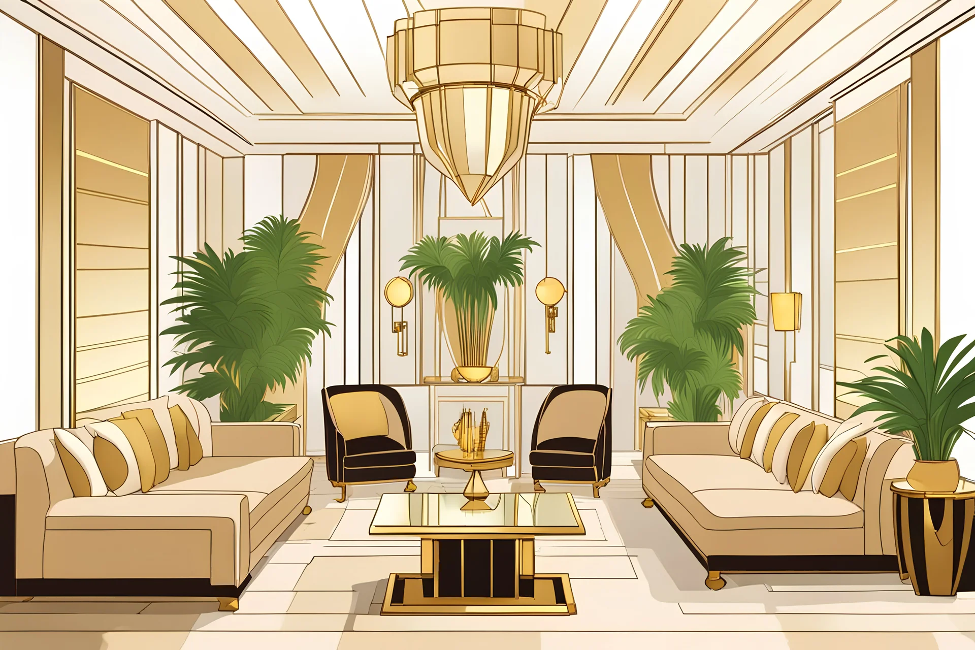 Inside an Art Deco living room with sofas, potted palms, with mirrors and brass sconces, incandescent, gleaming