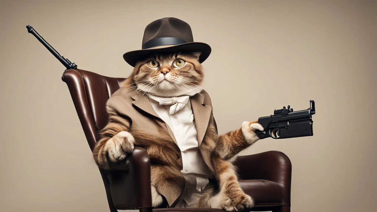 very clever cat with glasses and panama hat and gun in chair