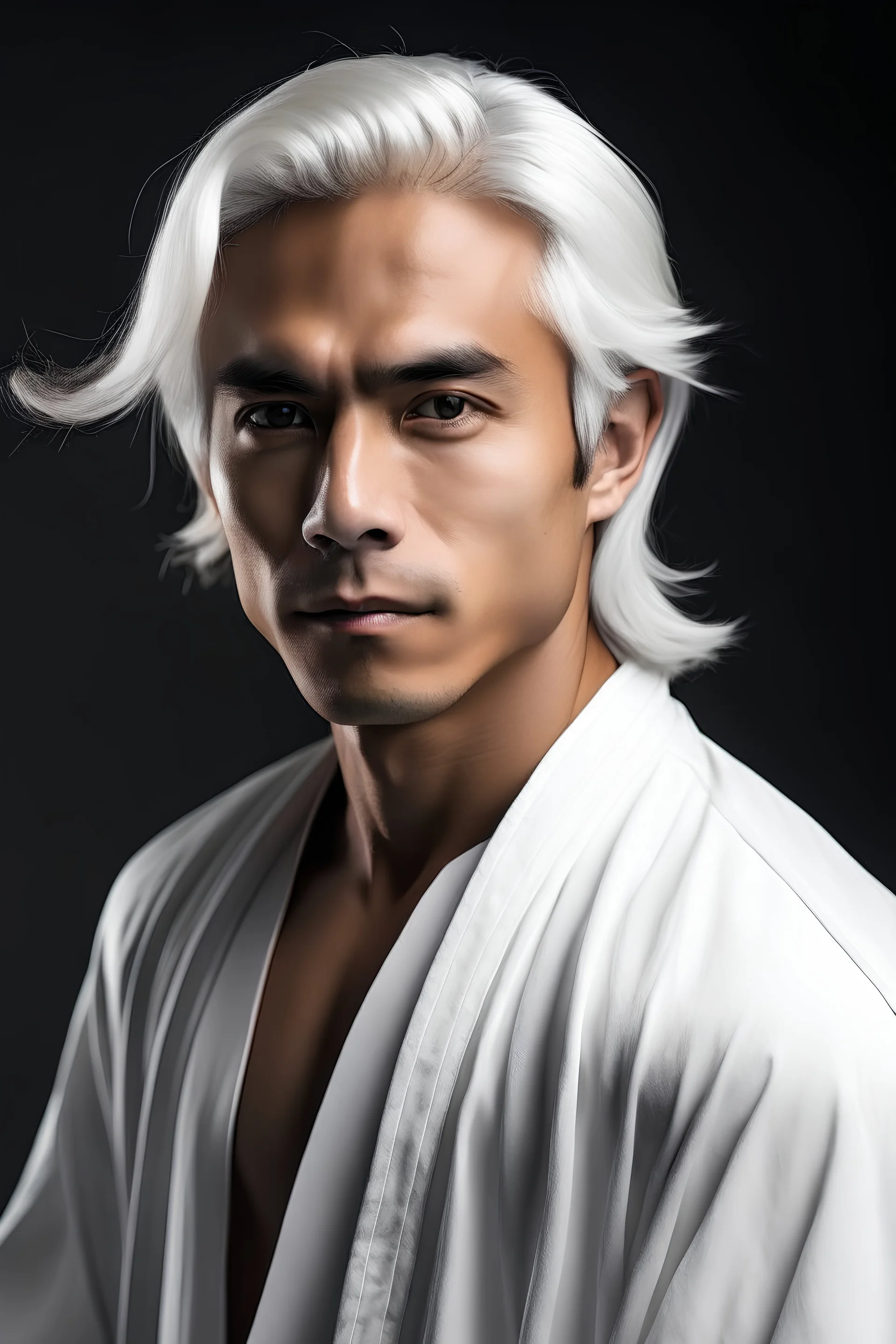 Portrait of young tan skinned Australian male in flowing clothing with white hair