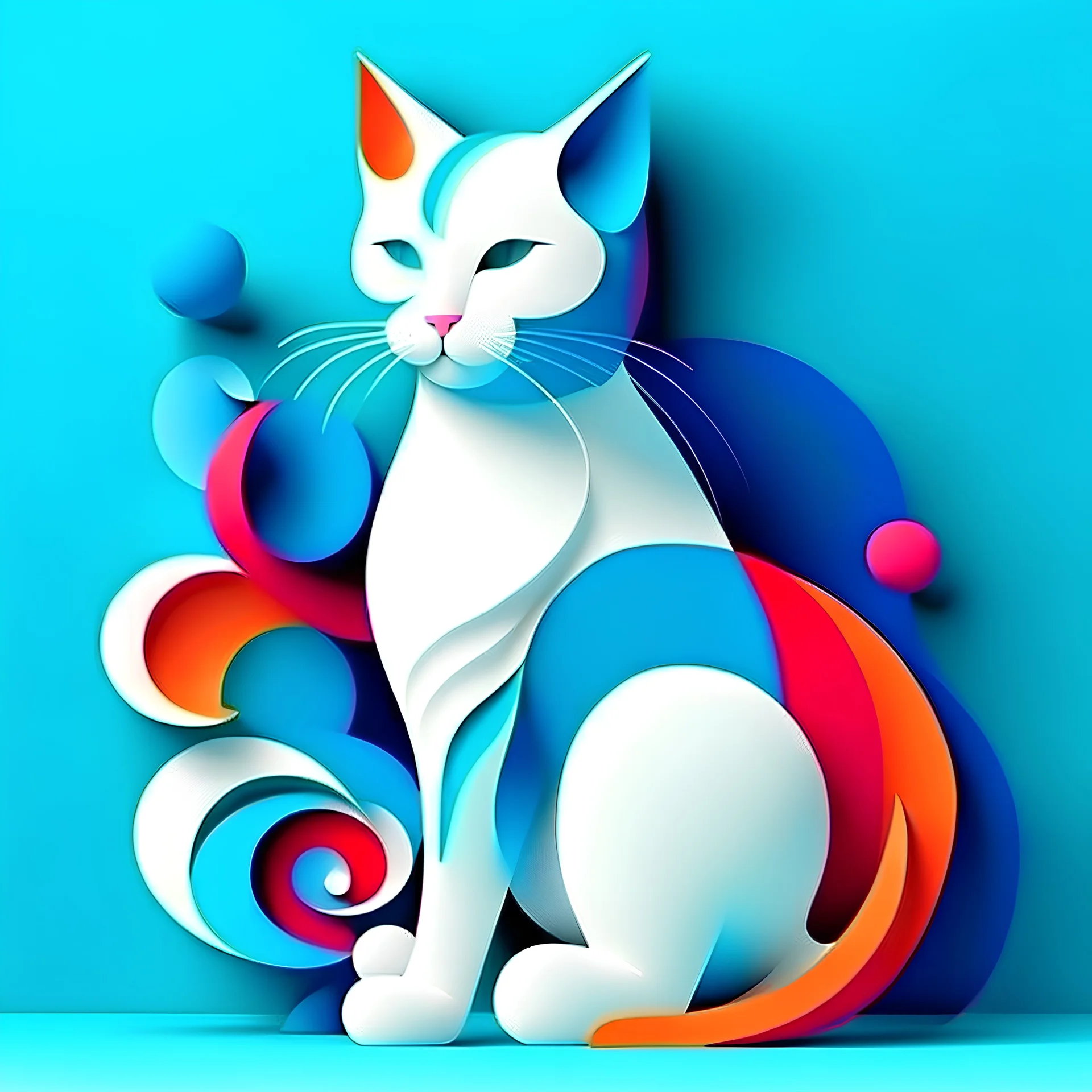 A cat, minimalistic colorful organic forms, energy, assembled, layered, depth, alive vibrant, 3D, abstract, on a white blue background.