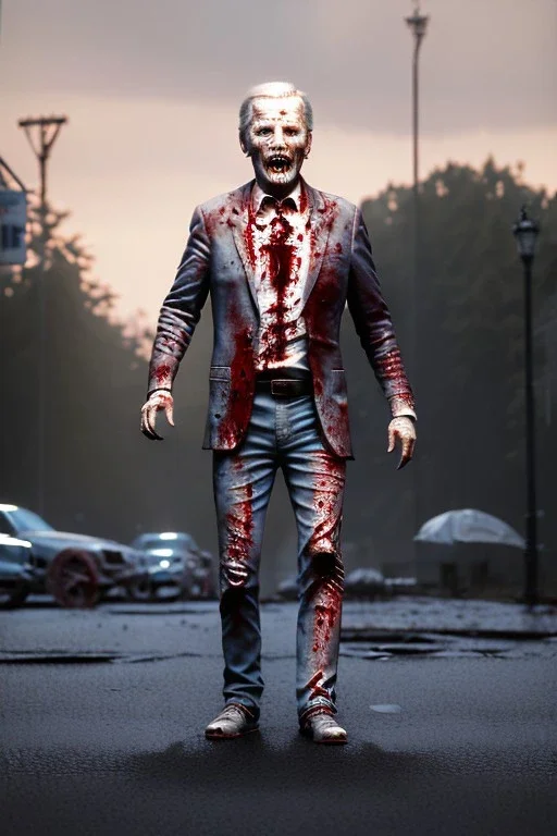 Ultra realistic image, joe biden zombie, zombie performance, blood, torn arm, night, walking twisted, waist up view, walking dead style, dark ambient, highly detailed, sky background, concept art, unreal engine 5, god rays, ray tracing, RTX, lumen lighting, ultra detail, volumetric lighting, 3d, finely drawn, high definition, high resolution.