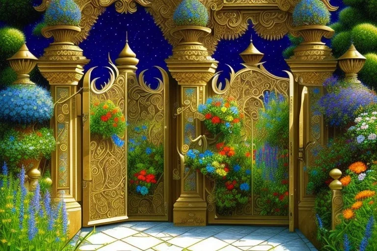 intricate ornate gate, garden, path, flowers, fine detail, acrylic paint, Symbolism