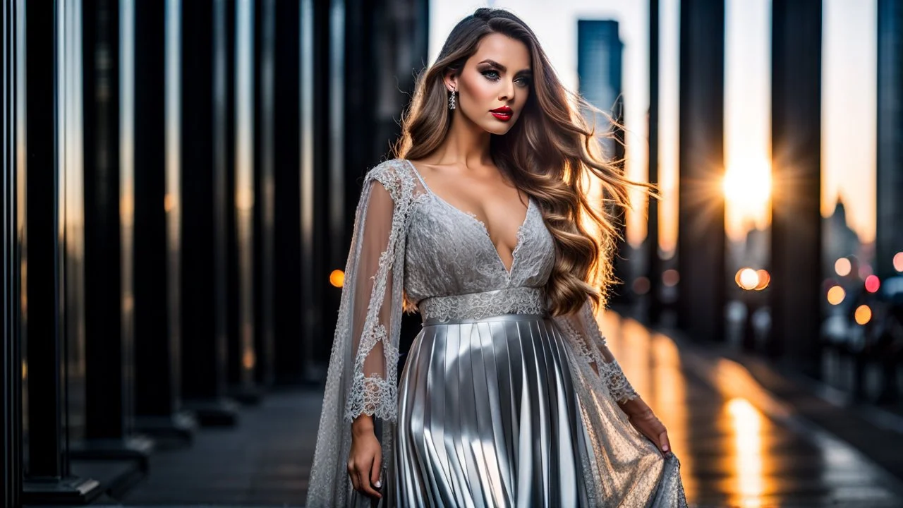 very beautiful model lady with makeup and beautiful modern fashion midi pleated velvet dark silver lace skirt with lace edges and modern loose lace top with a loose over, curvy silver long hair, standing in a modern city open satge with 8 cubic mirrors(each with 4 equal hight and equal width, vertical mirror), each vertical on its own short rotating base. with some small lights on crystal frames, on roof of a skyscraper with city escape at background, with animating dynamic lights with high