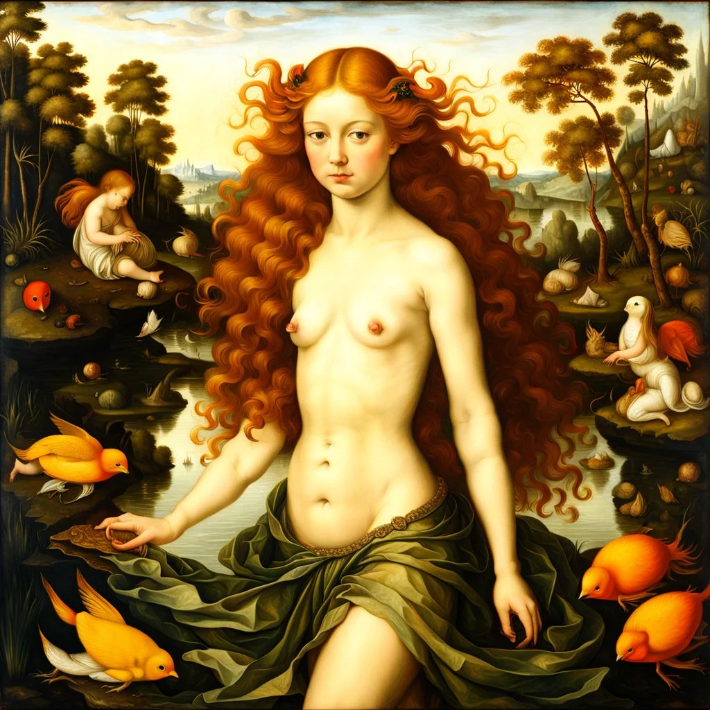 a Flemish Renaissance era full body oil painting of a young, otherworldly, seductive, water nymph , highly detailed hair and facial features, in the style of Pieter Brueghel, Jan van Eyck, and Hieronymus Bosch, aged canvas, antique craquelure finish, archaic museum quality masterpiece, 4k