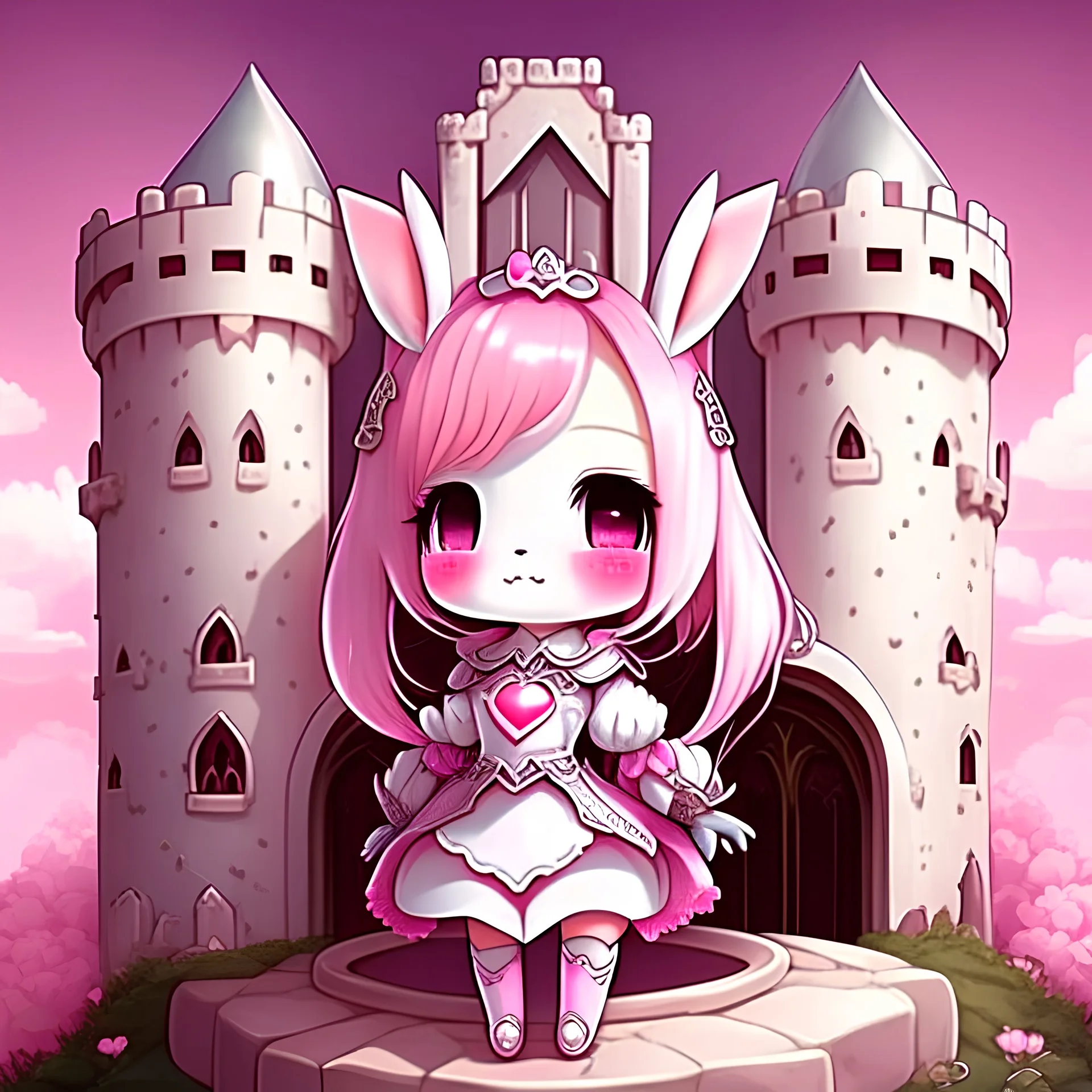 rose character, rabbit character, the princess, pink white and silver, chibi, super cute, live in a castle 80s stlye england