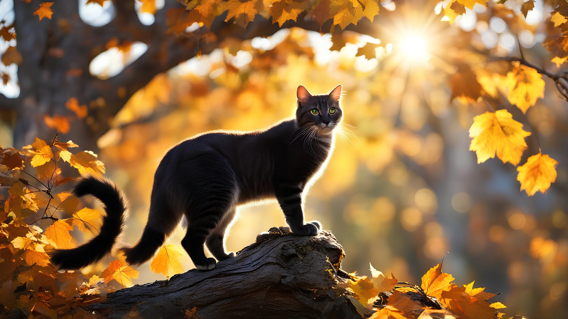 Cat poised gracefully atop an ancient oak tree, autumn leaves fluttering around, golden hour casting long shadows, backlit, sharp focus on feline, bokeh effect on background foliage, digital painting.