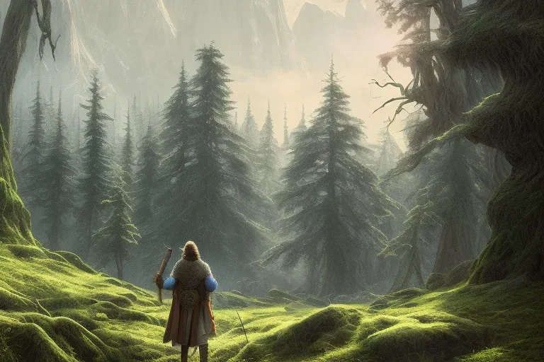 a lonely traveler wandering alone in a large pine forest with a horse and in the distans a large mountain range is visibel, high fantasy, lord of the rings, dungeons and dragons,