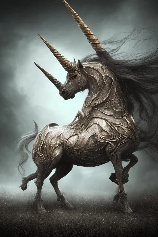 unicorn , dystopian surrealism, dark horror fantasy, hdr, demonic, dark art