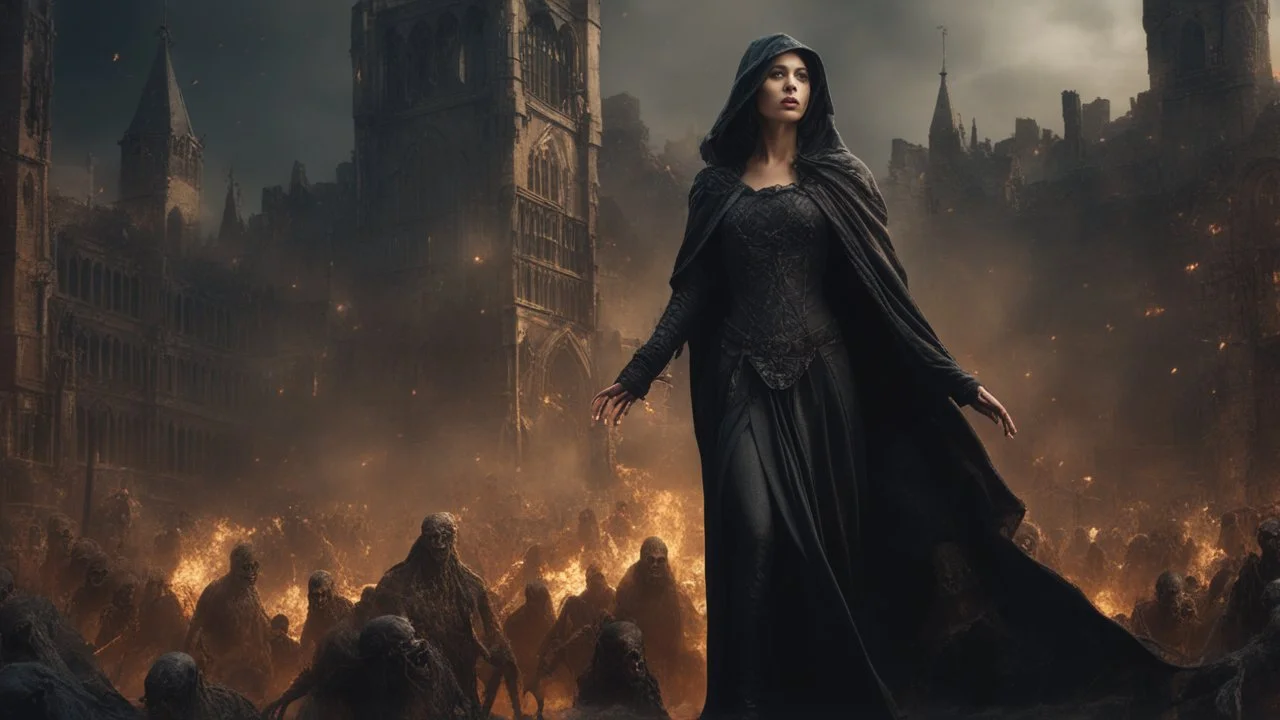 a magical female sorcerer in black cloth leading an army of rotting zombies through a burning medieval city. magic. fantasy setting. armor melted into the skin. blood. intense horror. blind terror. scared to death. a masterpiece, fantasy concept art, dynamic lighting, hyperdetailed, intricately detailed, deep color, Unreal Engine, volumetric lighting, Epic cinematic brilliant stunning intricate meticulously detailed dramatic atmospheric maximalist digital matte painting