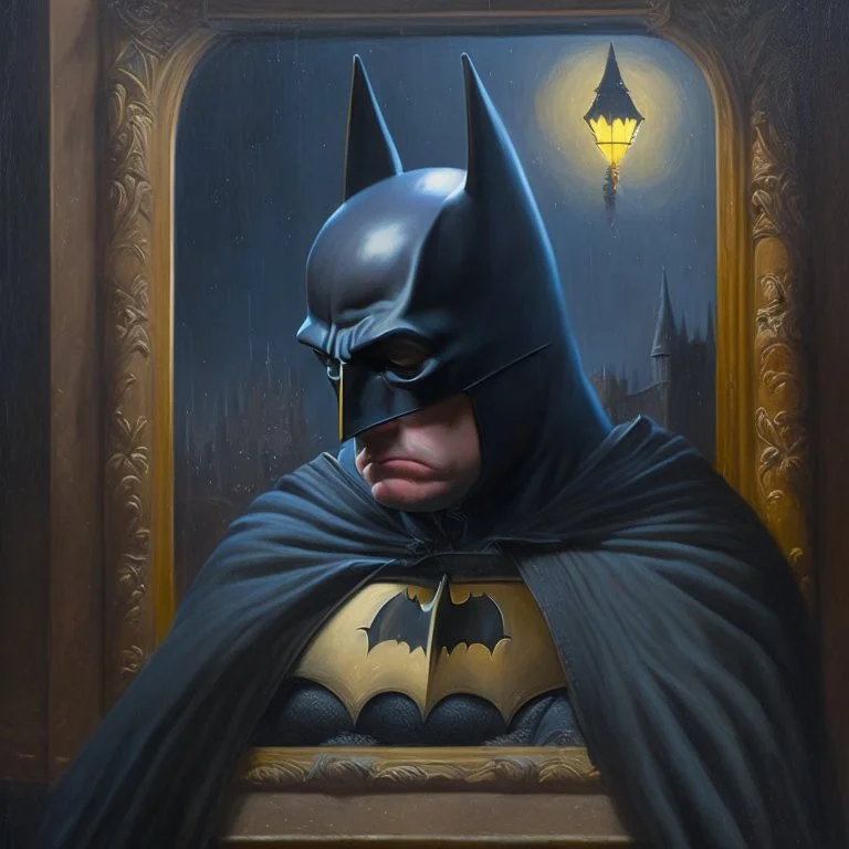 An oil painting of a dark universe masonic sad batman