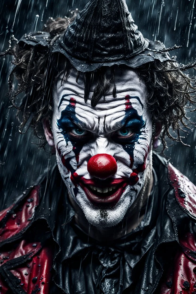 ultra detailed and highly realistic image of a gothic, scary clown, close up of him standing in the rain, the rain messed up his face makeup as it smudged of his face, chaotic, dramatic upclose view, 32k, splatter paint style