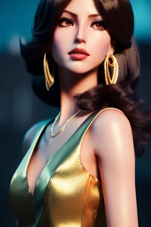 Anime business woman, dark brown hair, elegant hair, blue eyes, gold hoop earrings, waist up portrait, 8k resolution, intricate details, ornate details, soft lighting, vibrant colors, retroanime, masterpiece, intricate eyeliner, dark eyeshadow, eyes,futuristic cityscape background