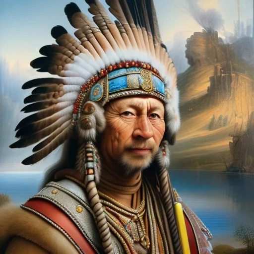 stunning 3D render of a painting in the style of Rembrandt featuring Winnetou, the chief of the Aachen tribe. Winnetou is depicted as a noble and wise leader, adorned with intricate feathers and a colorful headdress. The background portrays a vast, rugged landscape with a rocky mountain range and a serene lake, casting a warm golden glow. The overall atmosphere is a mix of both realism and dreamlike fantasy, reflecting Rembrandt's masterful use of light and shadow., illustration, 3d render, pain