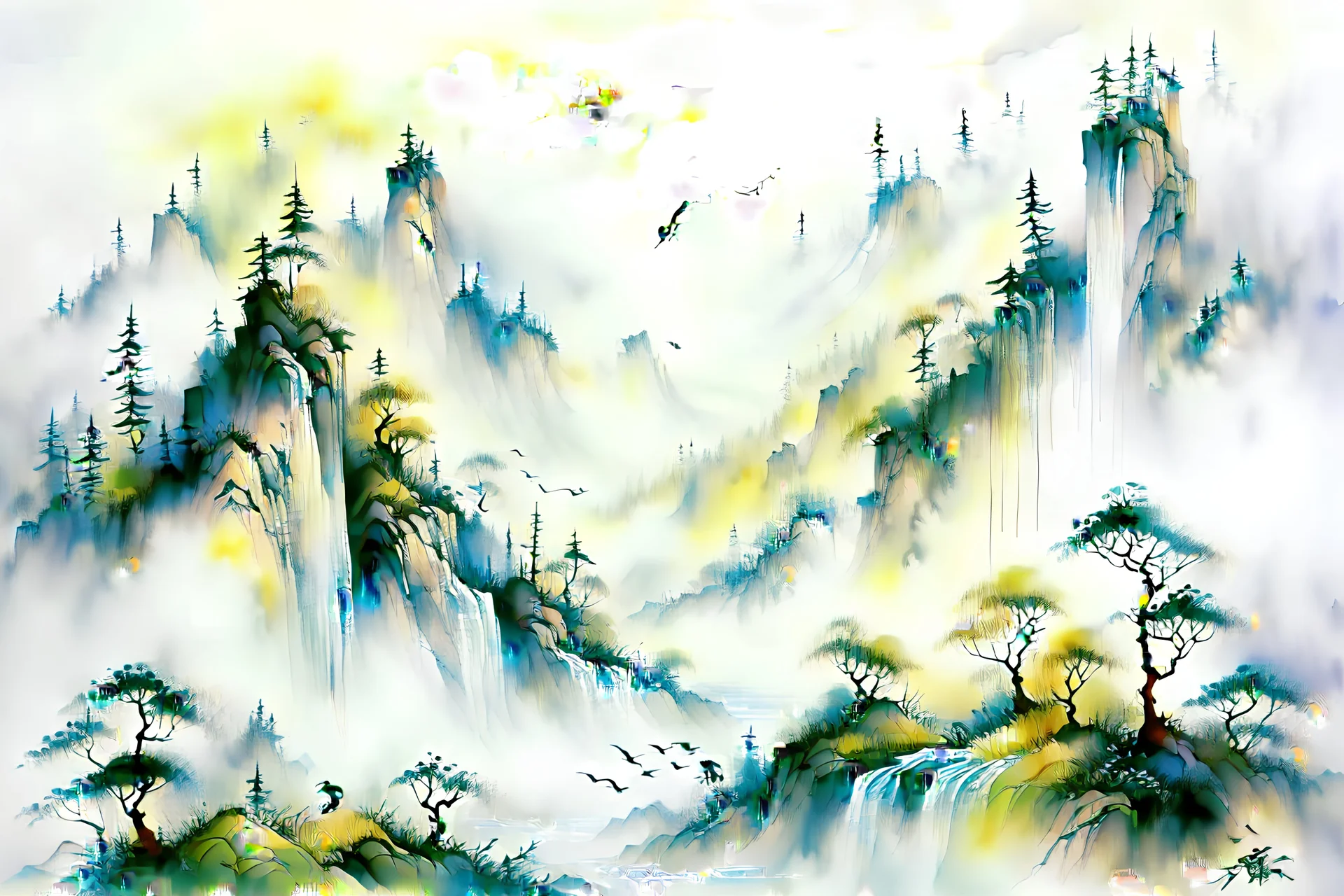 Painted freehand landscape painting, wet watercolor, majestic, waterfalls, flying birds, clouds and mist Modifiers: 电影灯光 高清 水墨画 层次感 让-巴蒂斯特.蒙日 品质清脆 ，8k 非常详细 幻想 电影灯光 错综复杂 超现实 立体主义 幻想之城风格 科幻小说 节切克.耶卡