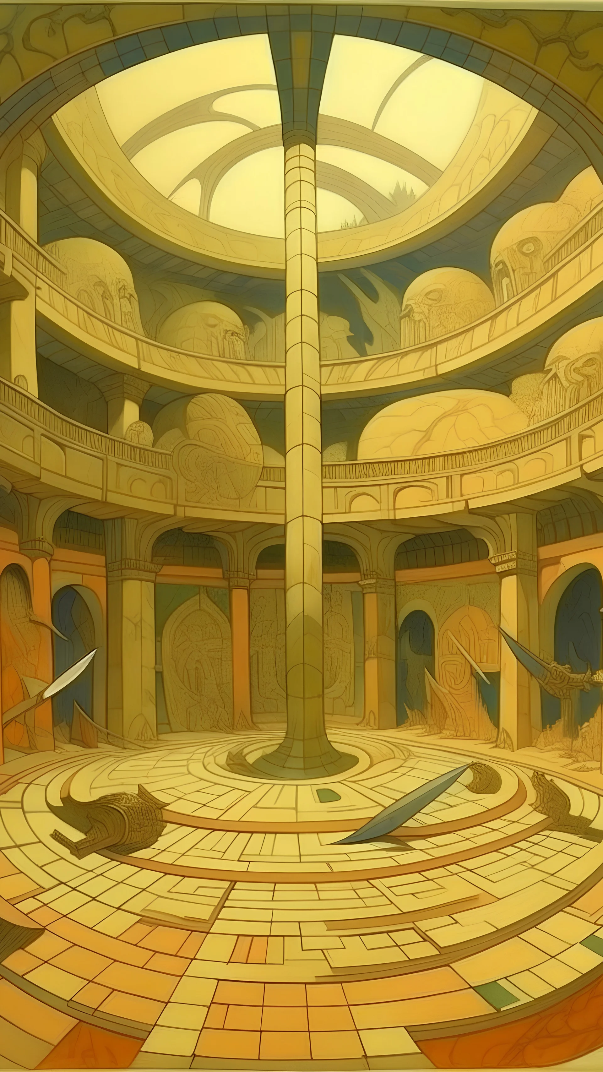 A beige coliseum with bladed weapons painted by Paul Ranson