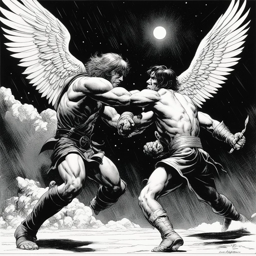 [comic book art by Sam Keith and Bernie Wrightson] Jacob wrestling with angel