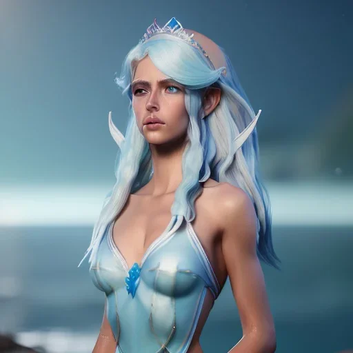 [Sea Elf] [Maormer] Queen with [white hair] and [blue skin] on a ship fantasy realism